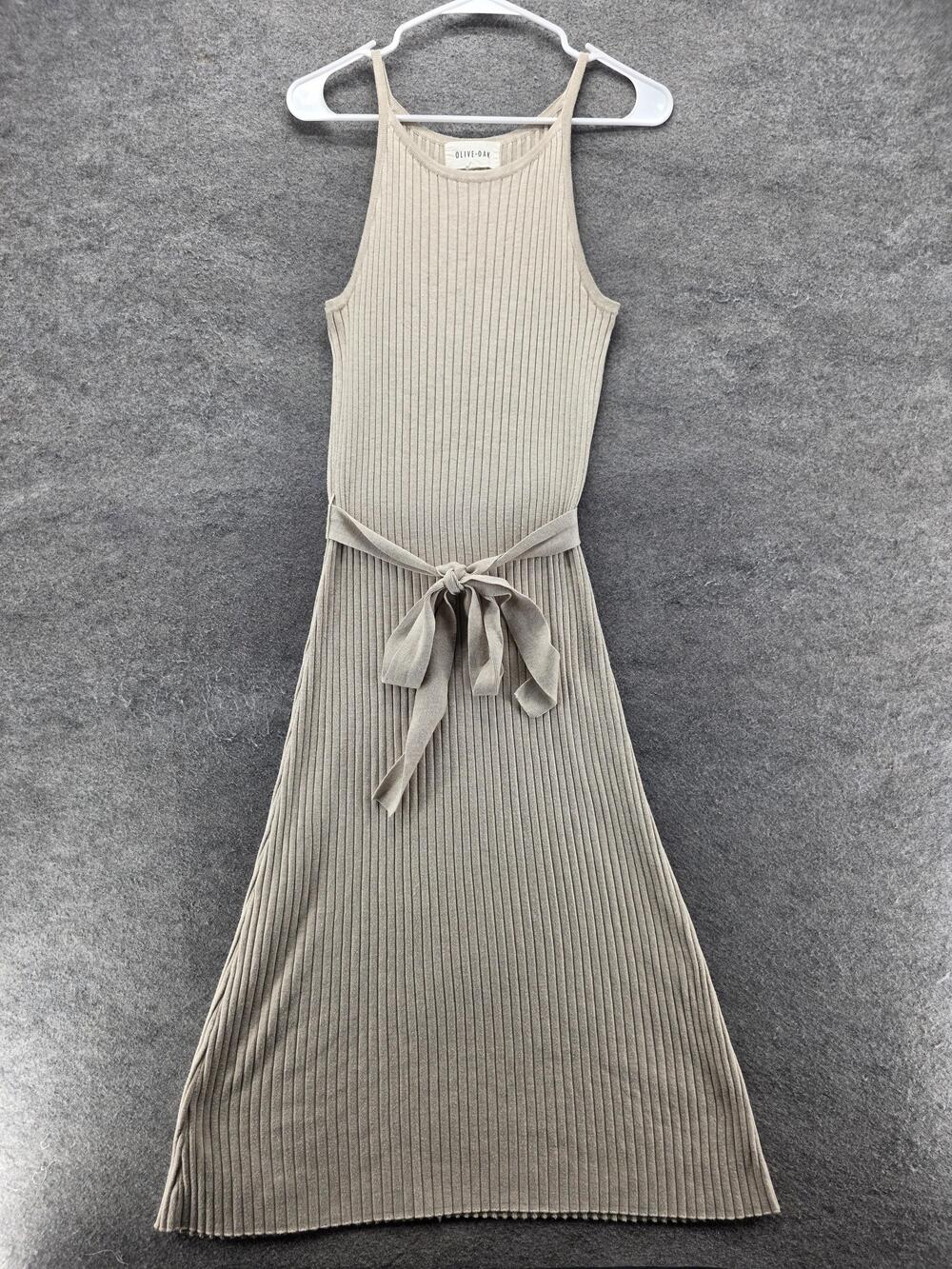 Olive + Oak Dress Womens L Beige Tank Midi Strappy Belted Knit High Neck
